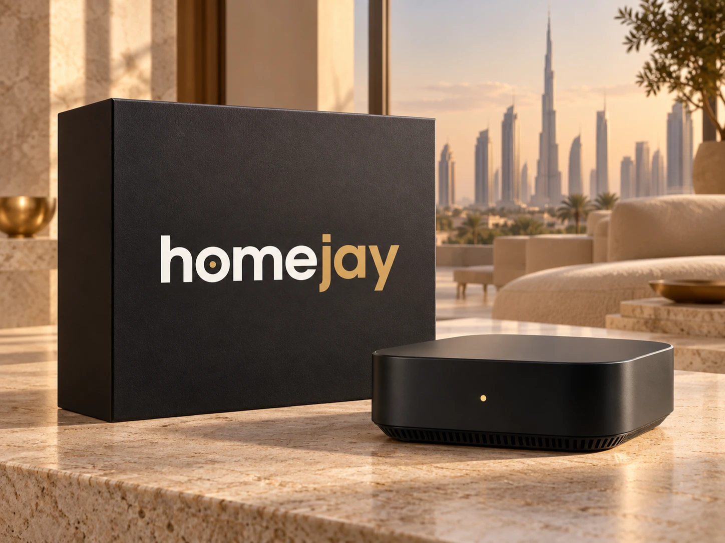 The HOMEJAY Core and its packaging on a stone surface, with the Dubai skyline beyond.