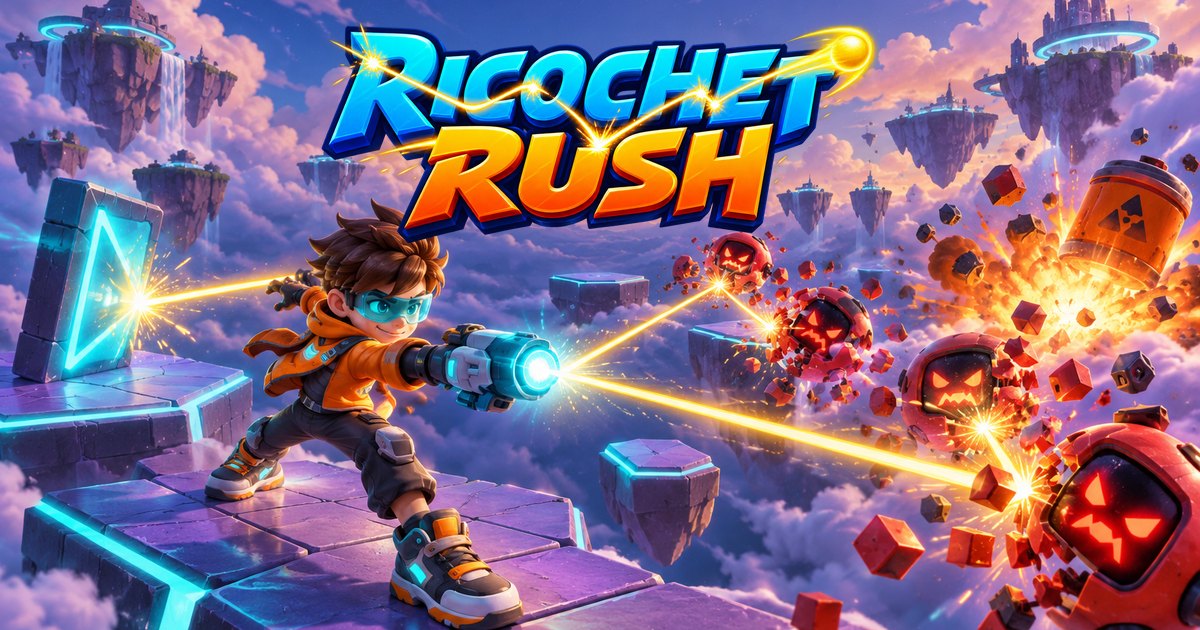 Ricochet Rush key art: a robot arena on floating islands under a purple sky.