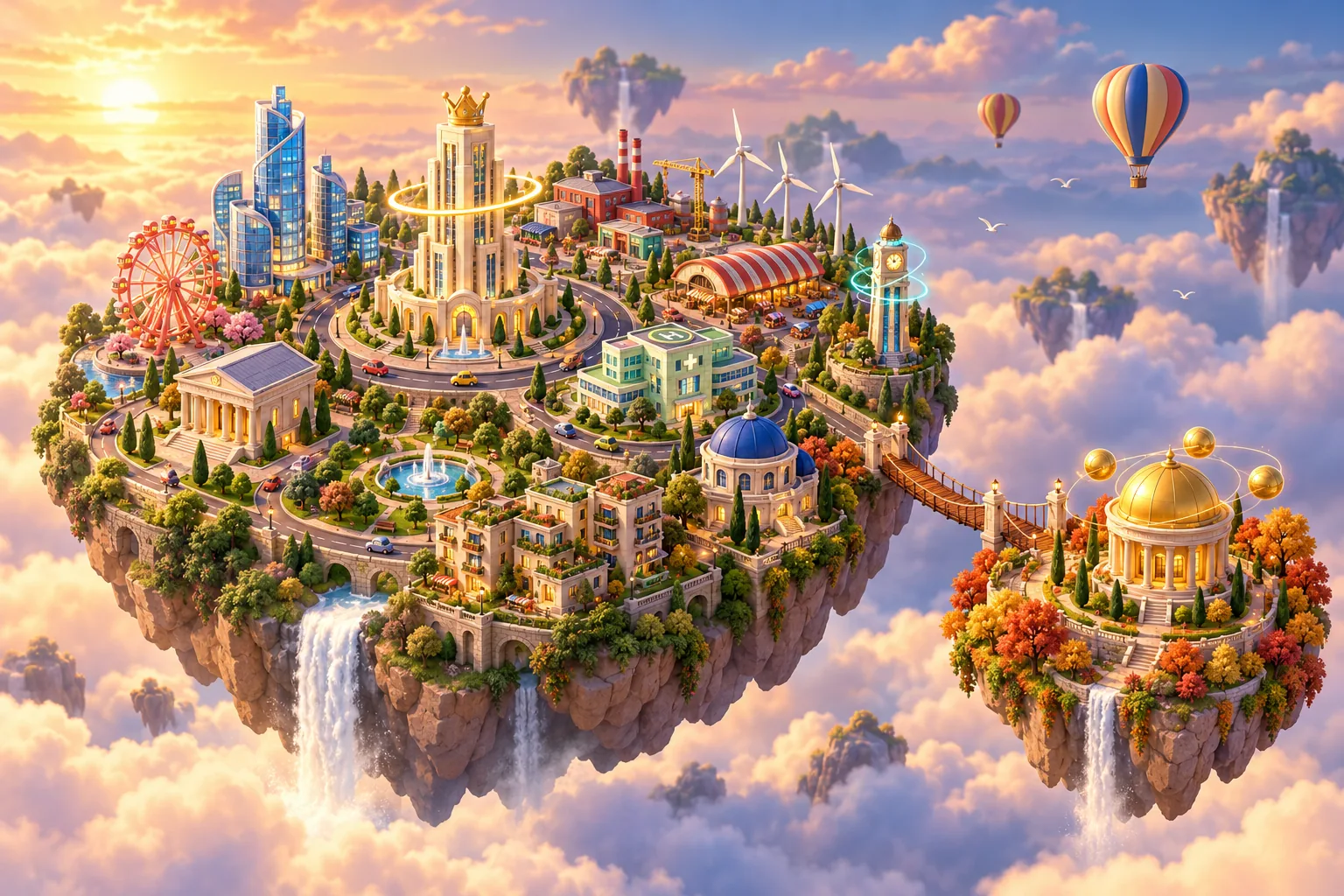 WealthTaps key art: floating islands carrying a city, under an open sky.